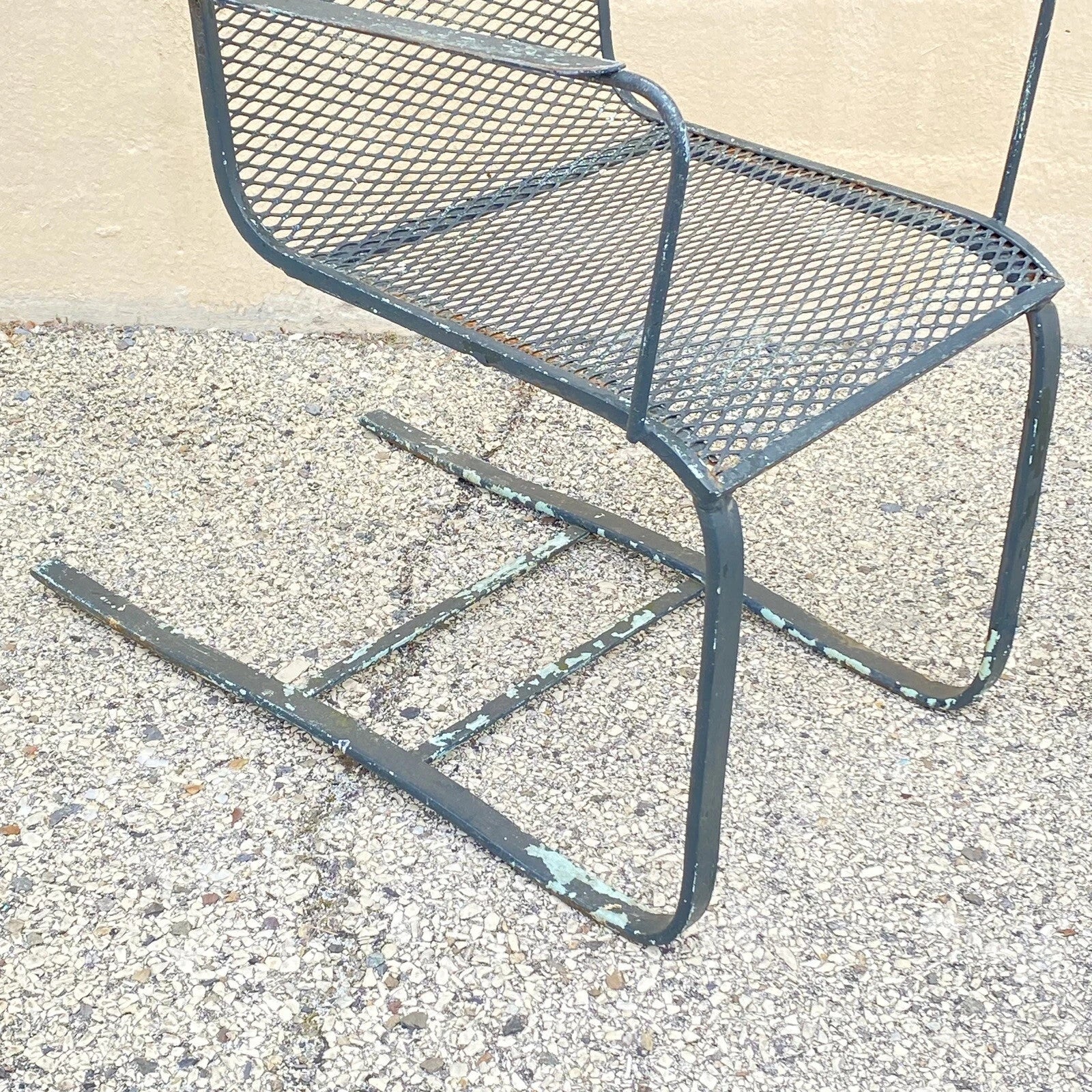 Mid Century Modern Wrought Iron Metal Mesh Cantilever Garden Patio Chair - Pair