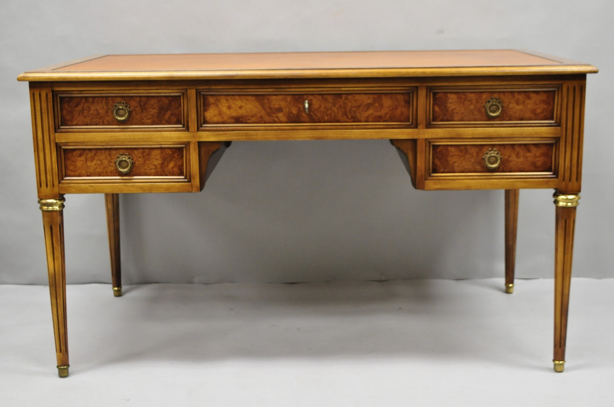 Vintage French Louis XVI Style Burl Walnut Tooled Leather Top Writing Desk