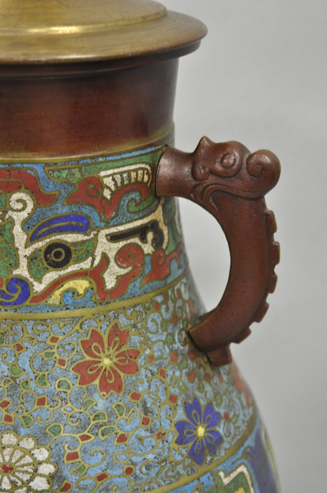 Antique Chinoiserie Blue Cloisonne Enamel Bronze Champleve Vase Table Lamp