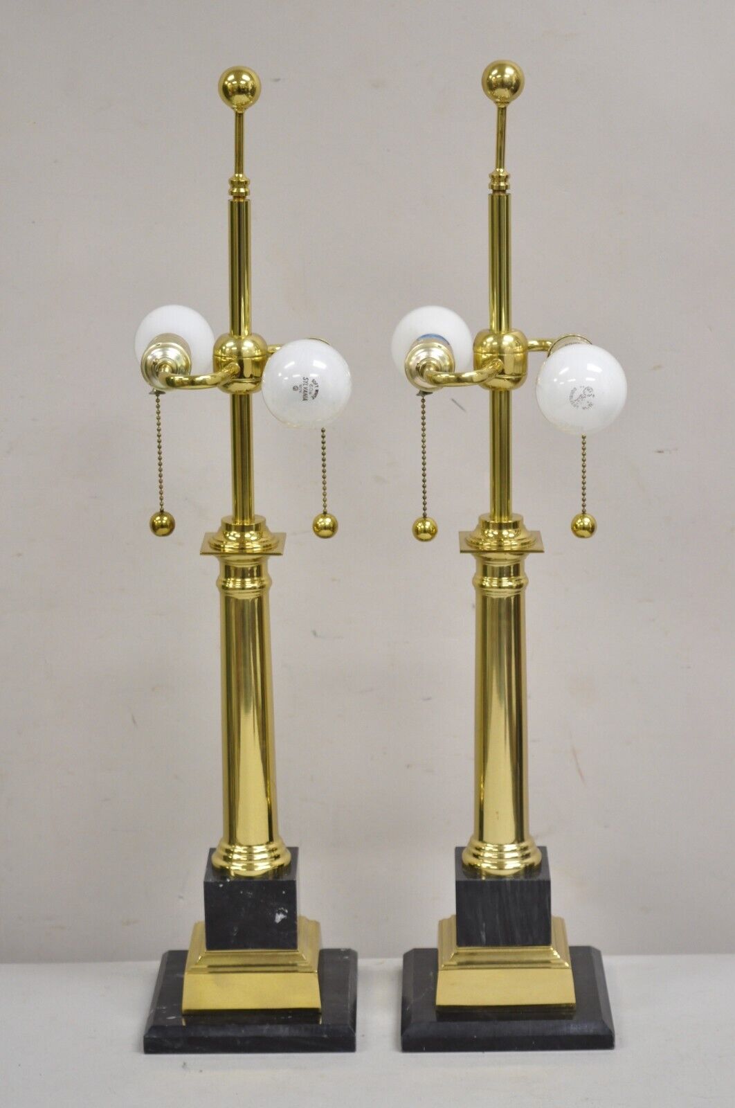 Vintage French Empire Brass & Italian Black Marble Column Table Lamps - a Pair