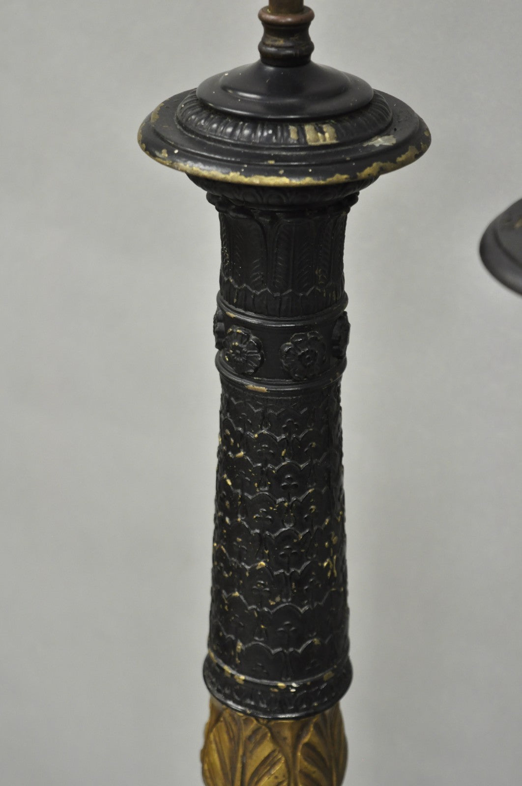 Antique French Empire Style Figural Black & Gold Tall Column Table Lamps - Pair
