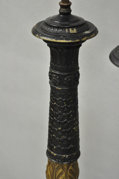 Antique French Empire Style Figural Black & Gold Tall Column Table Lamps - Pair
