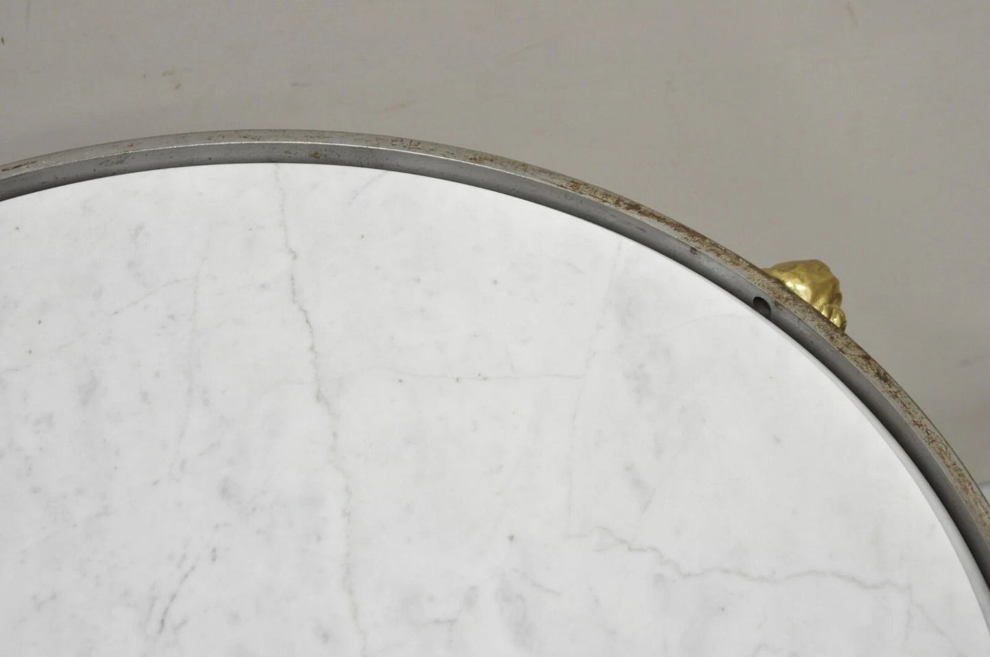Italian Neoclassical Brass Rams Head Round Marble Steel Gueridon Side Table