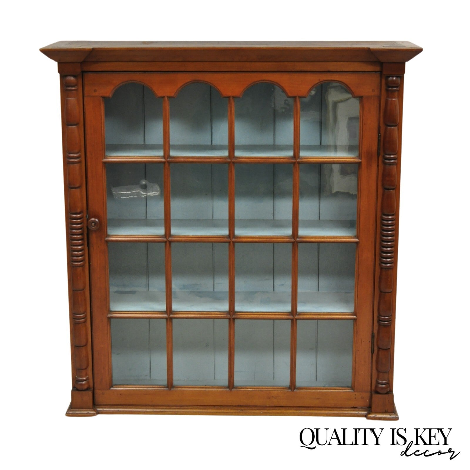 Antique American Colonial Cherry Wood Wavy Glass Door China Cabinet Hutch