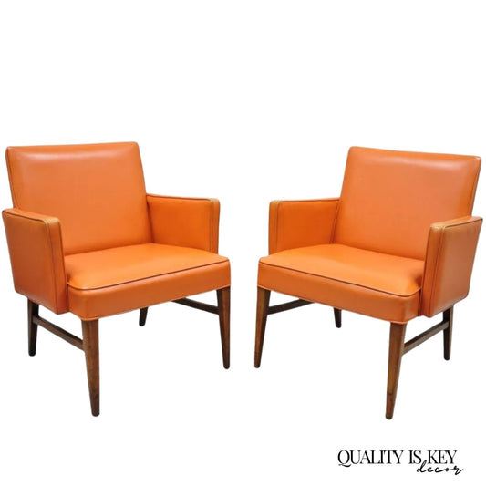 Vintage Mid Century Modern Walnut Jens Risom Style Orange Lounge Chairs -a Pair