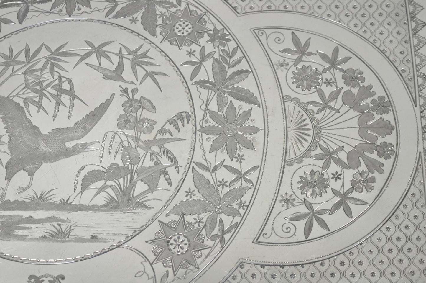Antique Rogers Smith & Co Art Nouveau Large Silver Plated Crane Bird Etched Tray