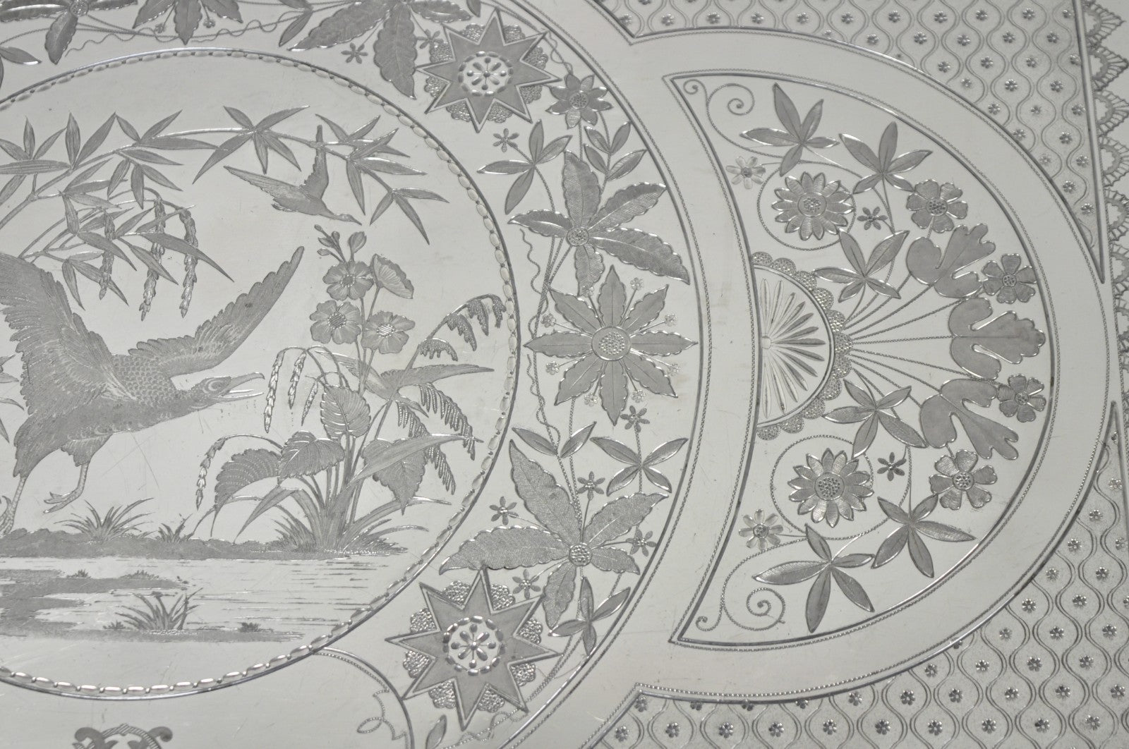 Antique Rogers Smith & Co Art Nouveau Large Silver Plated Crane Bird Etched Tray