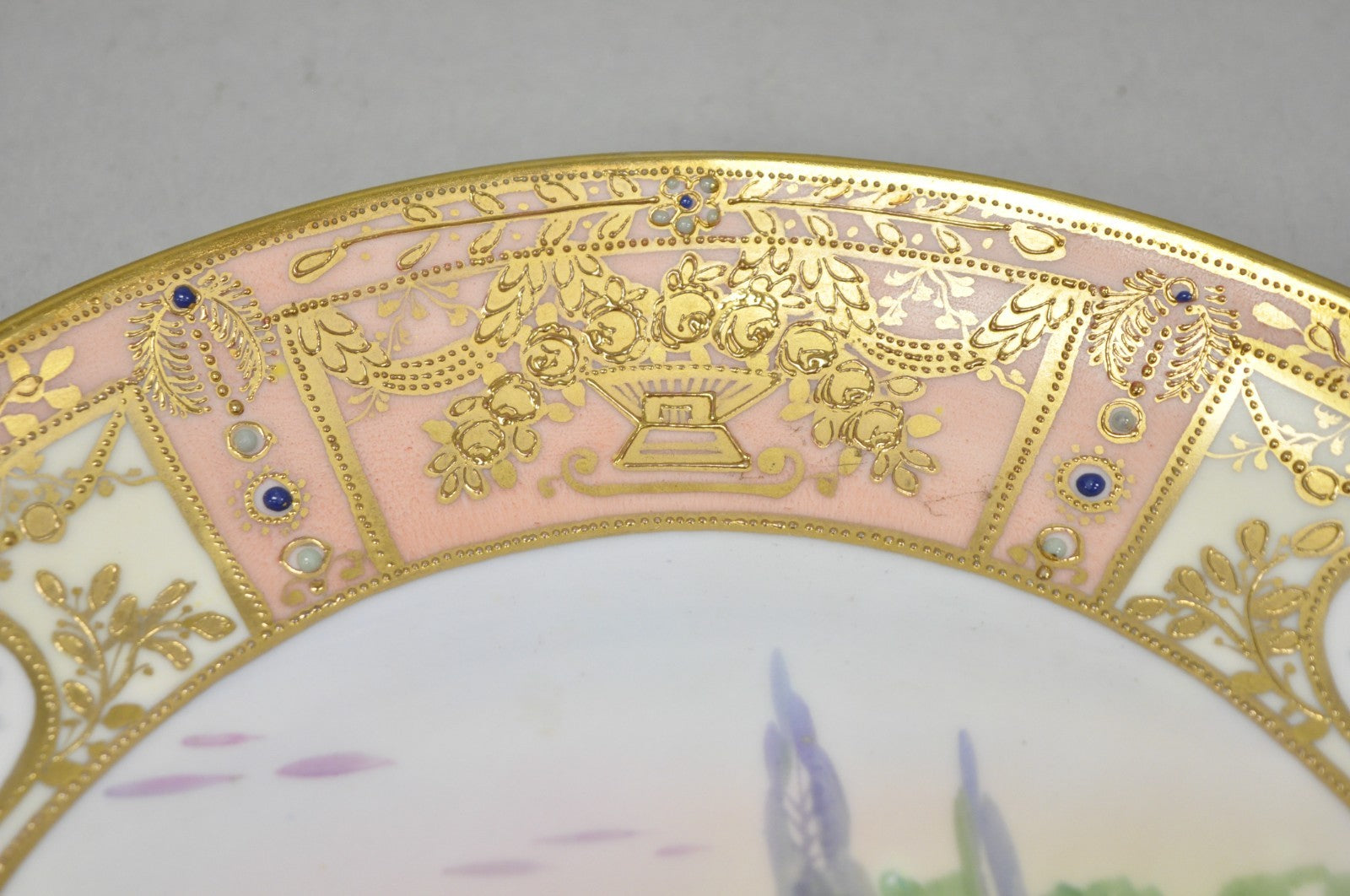 Antique Nippon Hand Painted Porcelain Gold Gilt Swan & Lake Scene Cabinet Plate