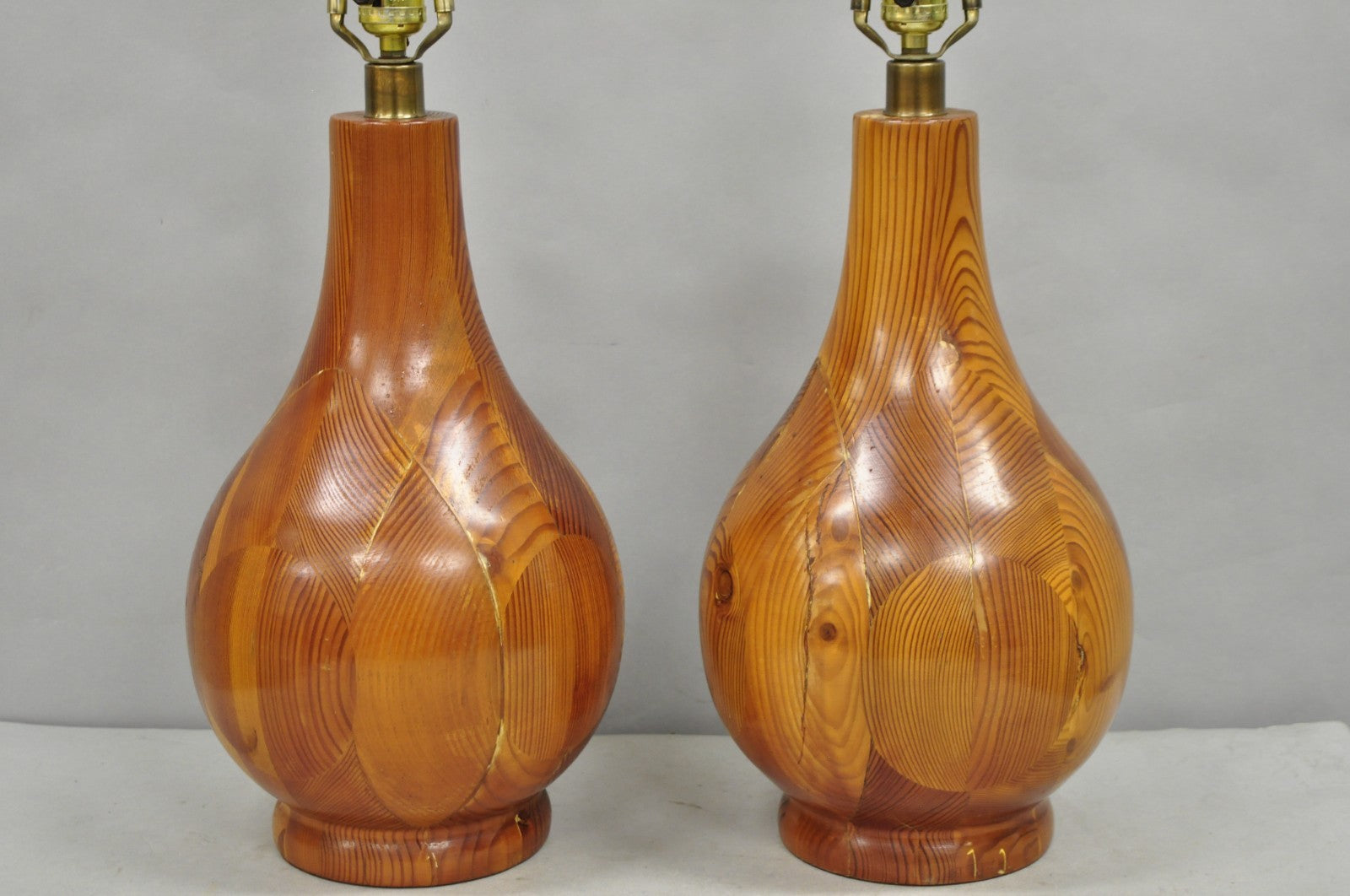 Vintage Mid Century Modern Bulbous Sculpted Swedish Pine Wood Table Lamps, Pair