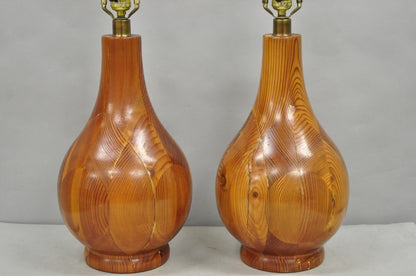 Vintage Mid Century Modern Bulbous Sculpted Swedish Pine Wood Table Lamps, Pair