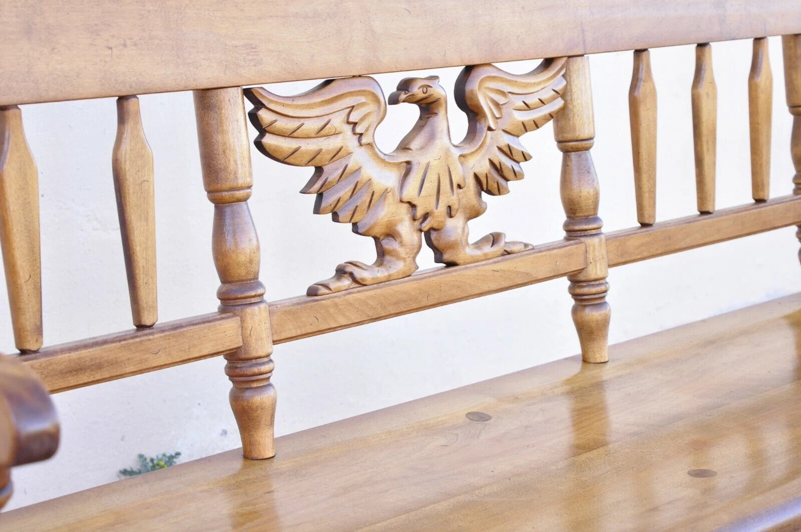 Vintage Cushman Federal Style Maple Wood Carved Eagle Back Settee Deacons Bench