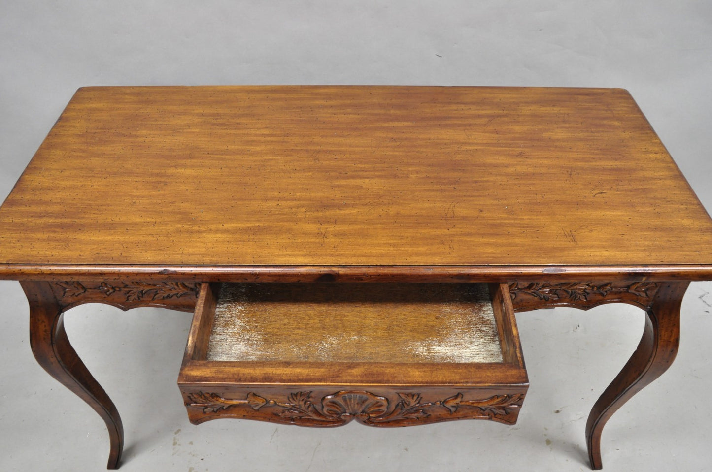 Vintage French Country Pine Wood Distress Floral Carved 1 Drawer Writing Desk