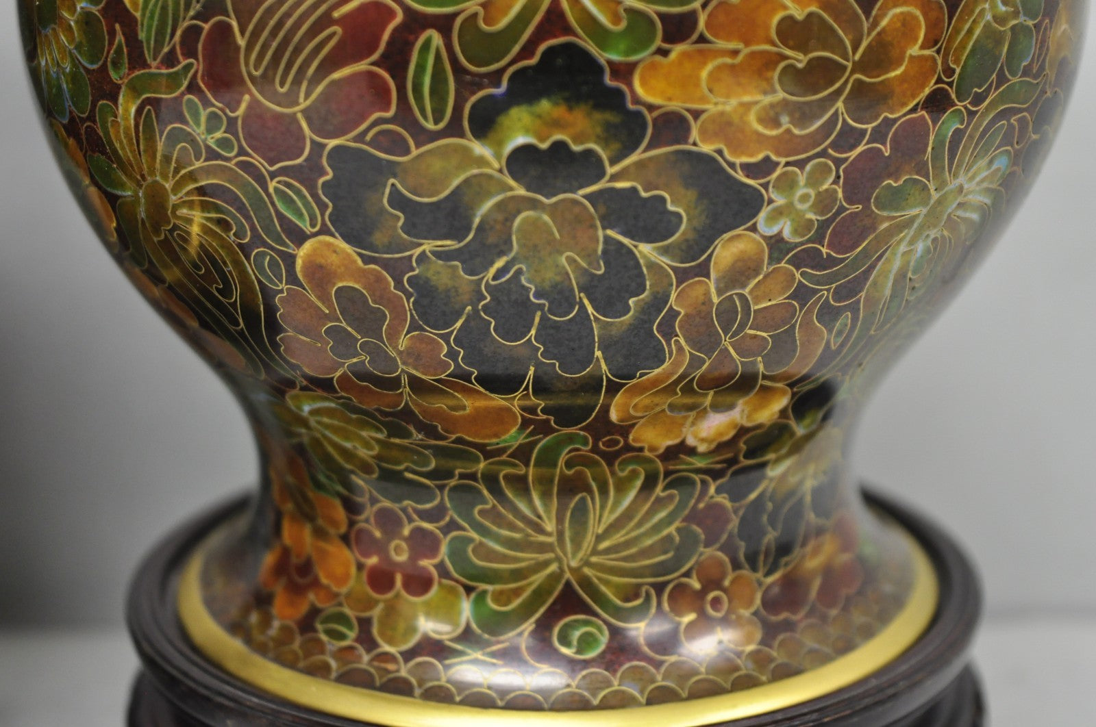 Vintage Cloisonné Chinese Small Enameled Brown Covered Ginger Jar on Stand, Pair