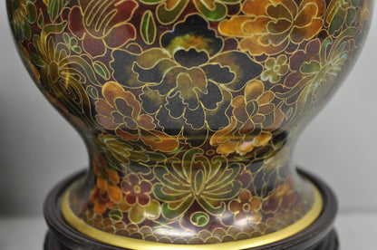 Vintage Cloisonné Chinese Small Enameled Brown Covered Ginger Jar on Stand, Pair