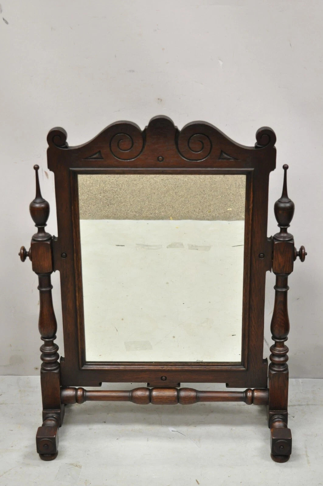 Antique Jacobean Style Carved Oak Wood Pivoting Dresser Shaving Table Top Mirror