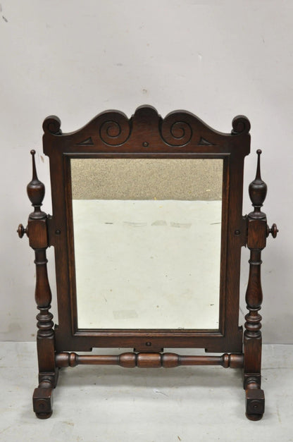 Antique Jacobean Style Carved Oak Wood Pivoting Dresser Shaving Table Top Mirror