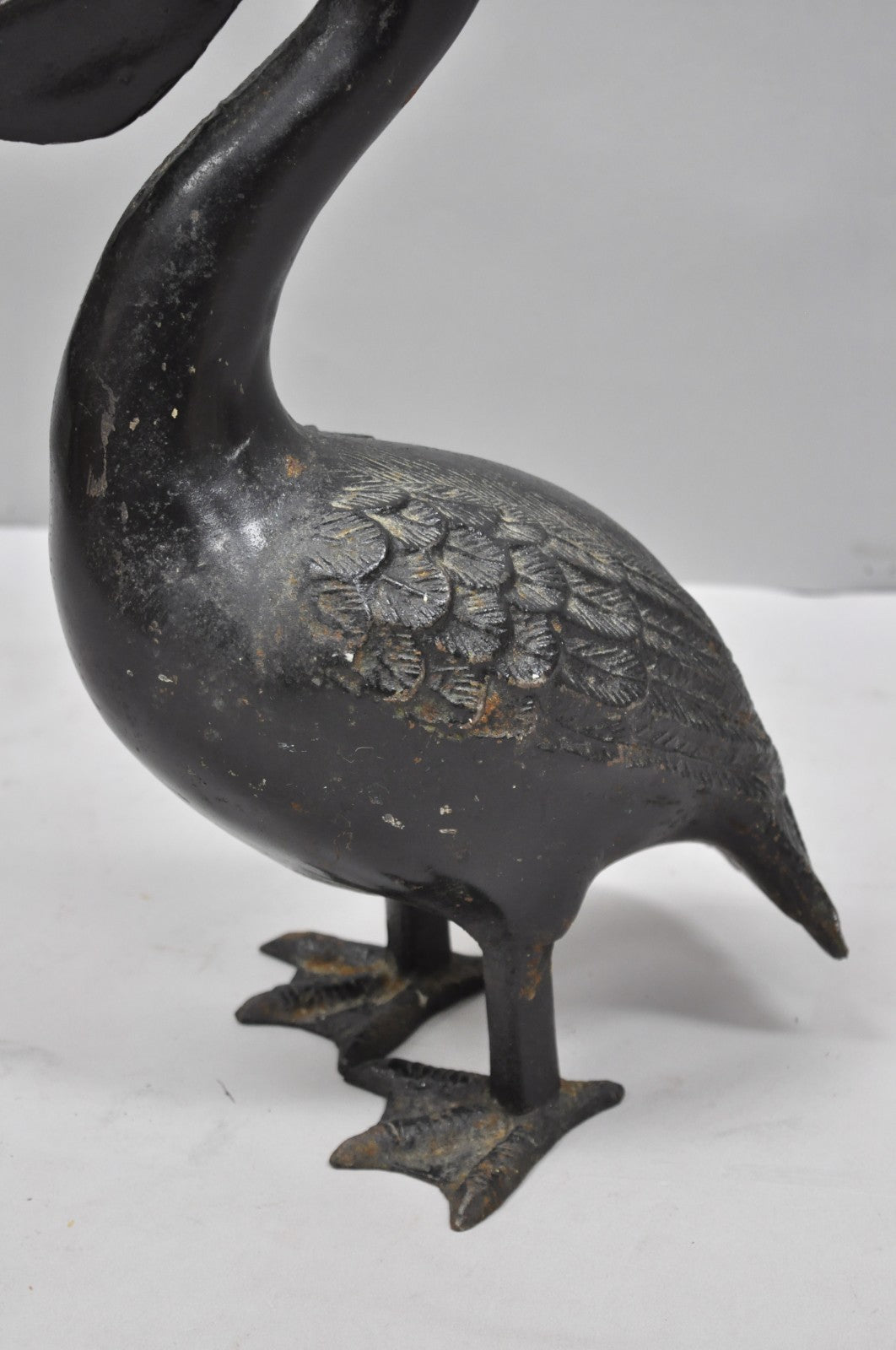 Vintage Japanese Cast Iron Black 17" Pelican Bird Garden Statue Sculpture