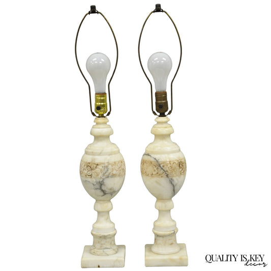 Vintage Italian Neoclassical Style Carved White Marble Urn Table Lamps - a Pair