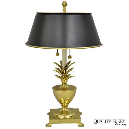 Chapman Hollywood Regency Brass Pineapple Tole Metal Black Shade Table Lamp
