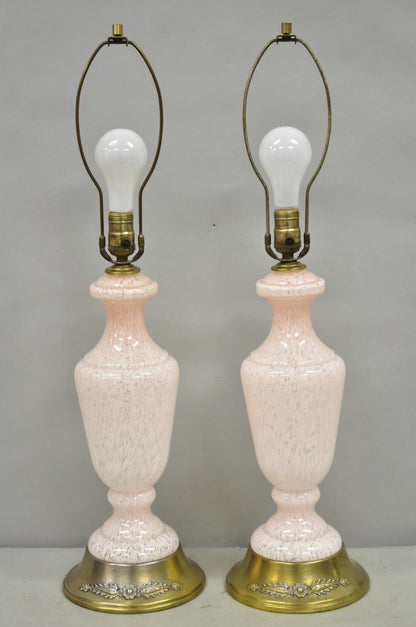 Vintage Mid Century Modern Italian Murano Glass Speckled Pink Table Lamps a Pair