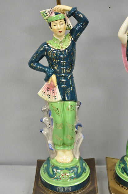 Vintage Art Deco Japanese Figural Green Porcelain Man & Women Table Lamps - Pair