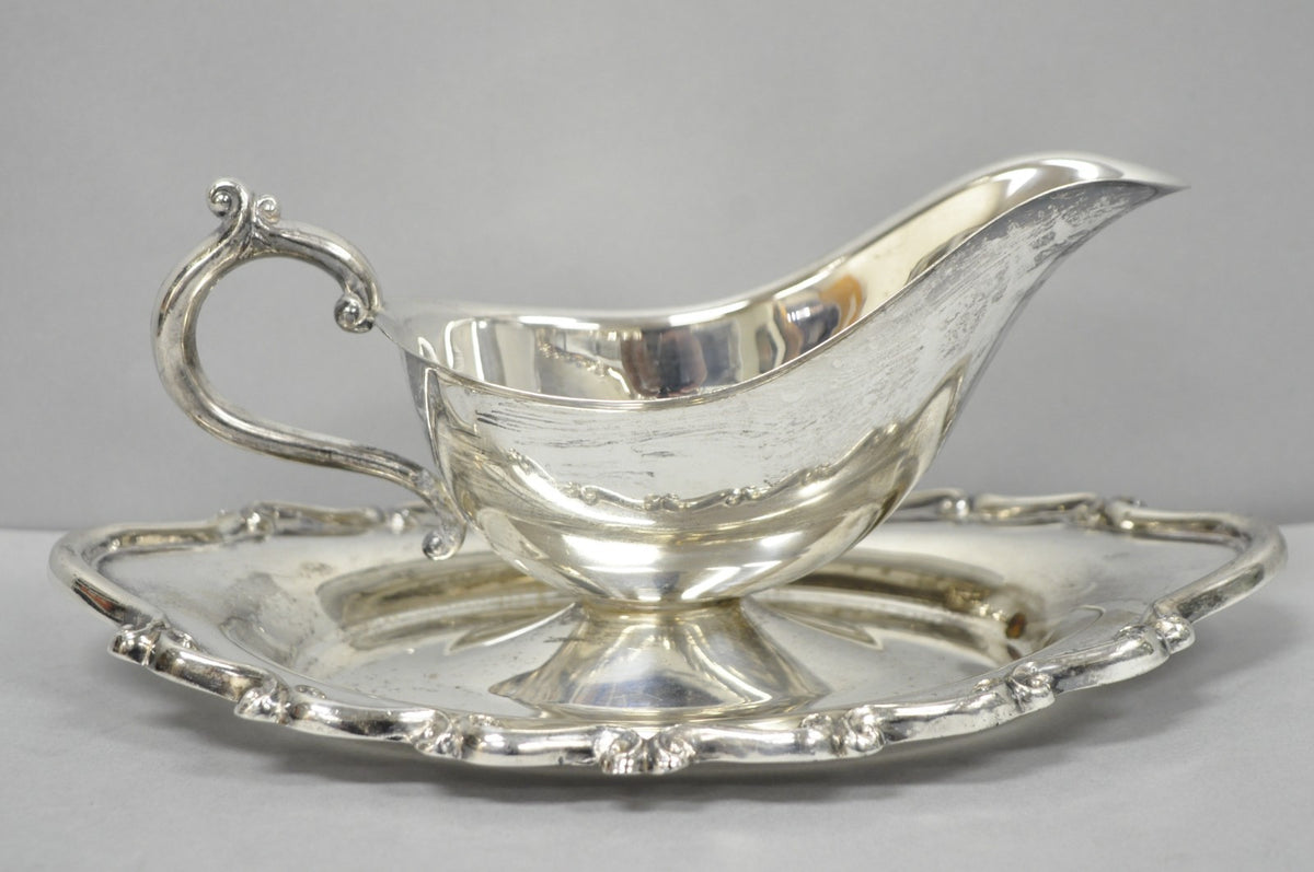 Vintage FB Rogers Silver Plated Victorian Gravy Sauce Boat w/ Attached Dish