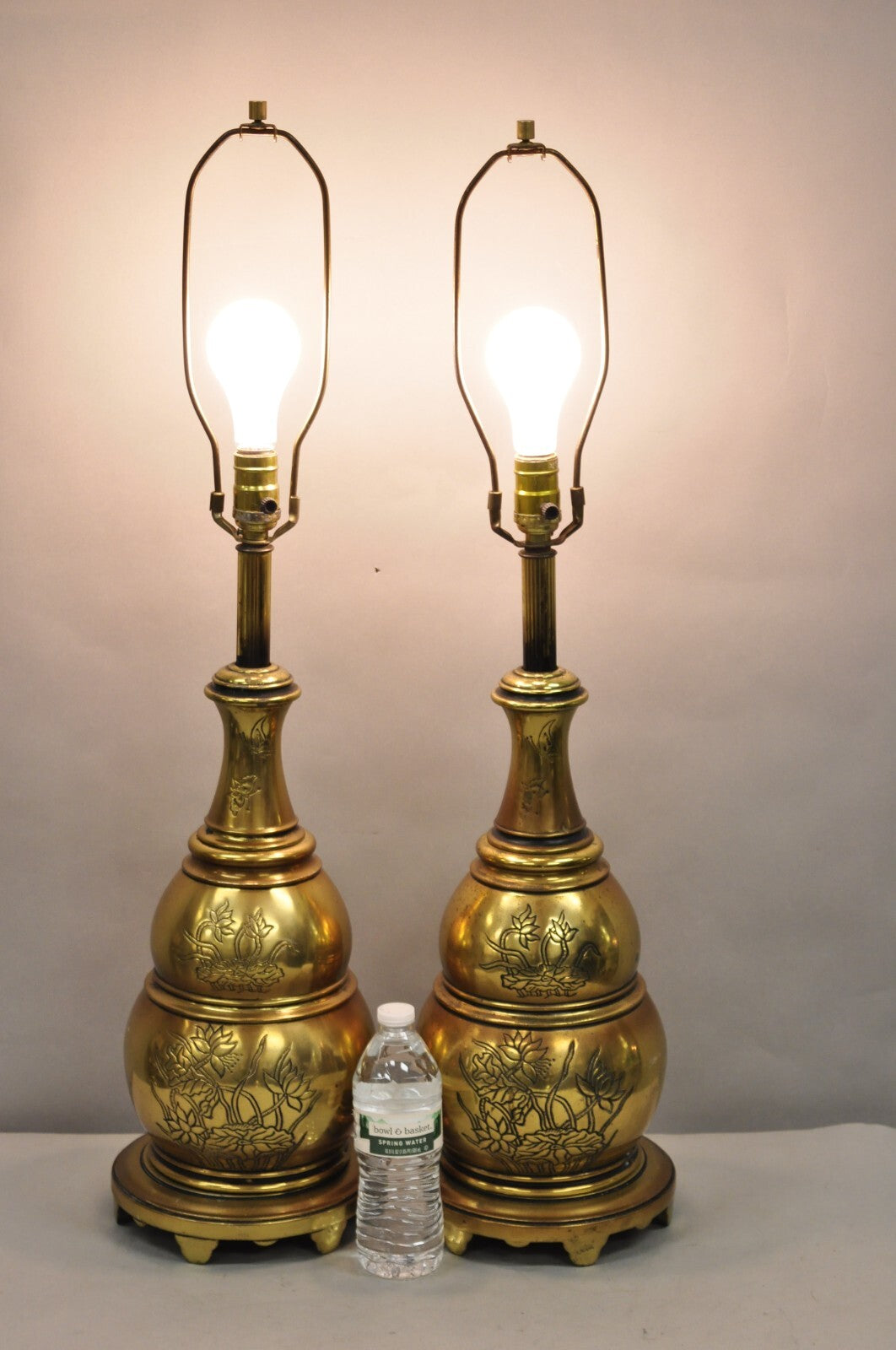 Vintage Chinoiserie Brass Stacked Beehive Table Lamps with Floral Etching - Pair