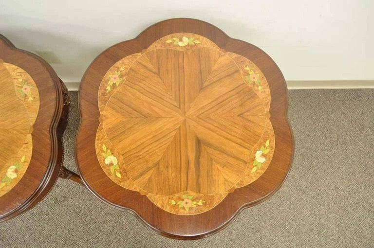Antique French Louis XV Style Satinwood Floral Inlay Walnut Side Tables - a Pair