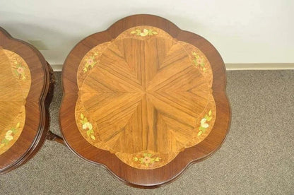 Antique French Louis XV Style Satinwood Floral Inlay Walnut Side Tables - a Pair