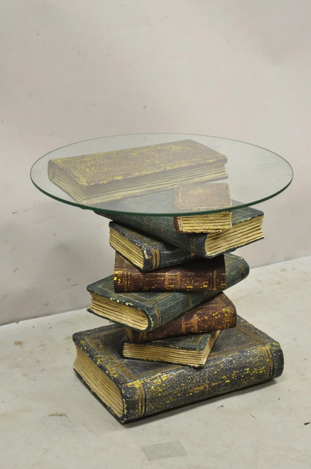 Vintage Regency Style Figural Faux Stacked Book Form Round Glass Top Side Table