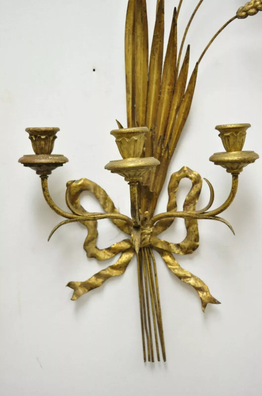 Italian Hollywood Regency Gold Iron Sheaf of Wheat Candle Wall Sconces - a Pair