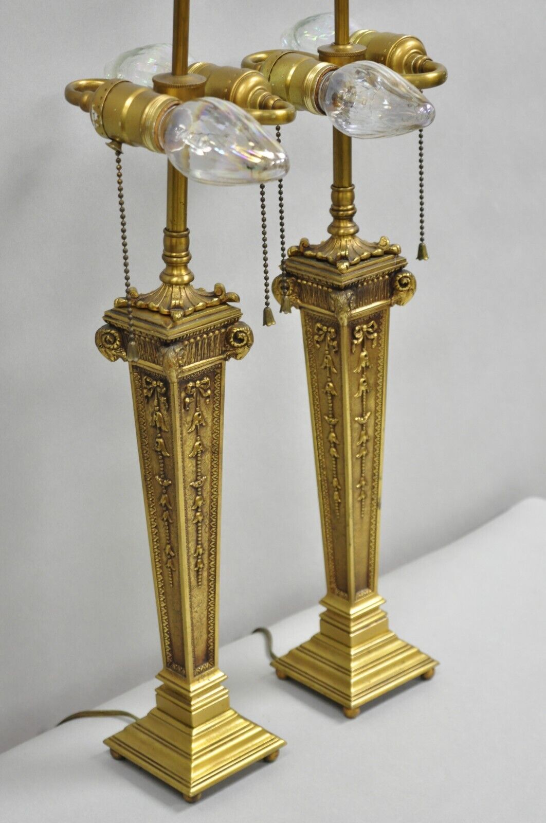 Antique French Empire Regency Rams Head Small Bronze Column Table Lamps - a Pair