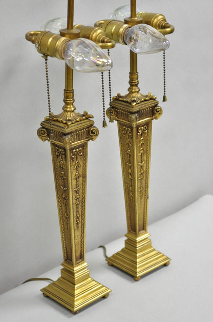 Antique French Empire Regency Rams Head Small Bronze Column Table Lamps - a Pair