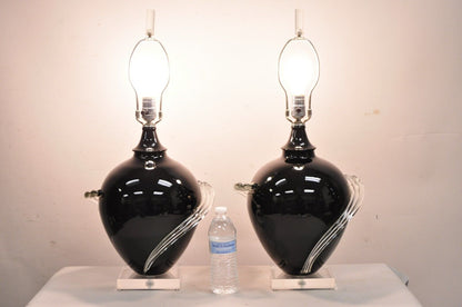 Vintage Postmodern Black Blown Glass Clear Ribbon & Lucite Table Lamps - a Pair