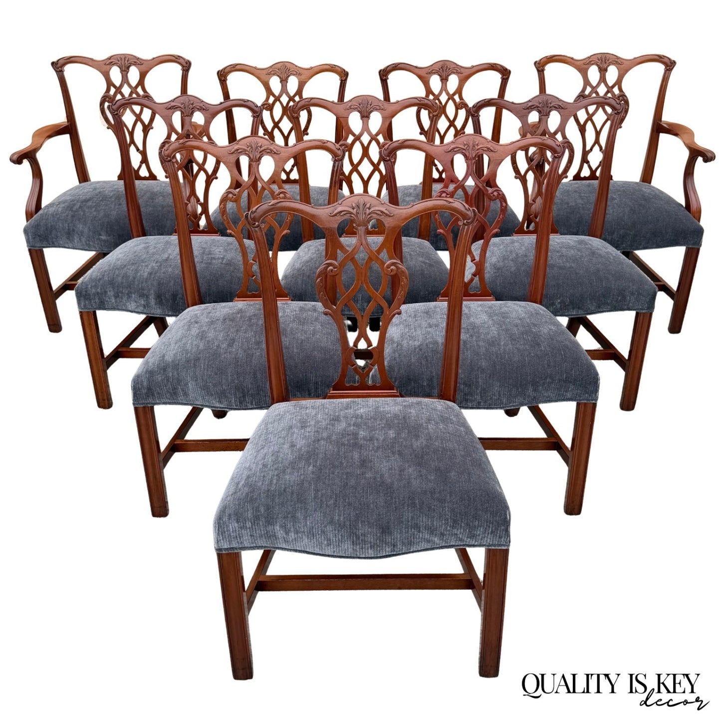 Antique Chippendale Style Mahogany Carved Fretwork Dining Chairs - Set of 10