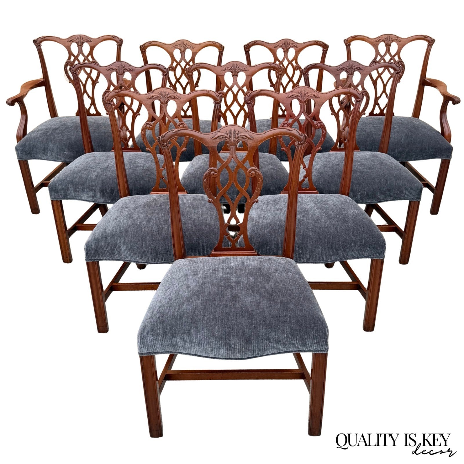 Antique Chippendale Style Mahogany Carved Fretwork Dining Chairs - Set of 10