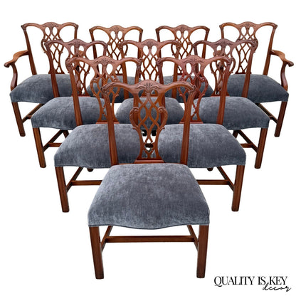 Antique Chippendale Style Mahogany Carved Fretwork Dining Chairs - Set of 10