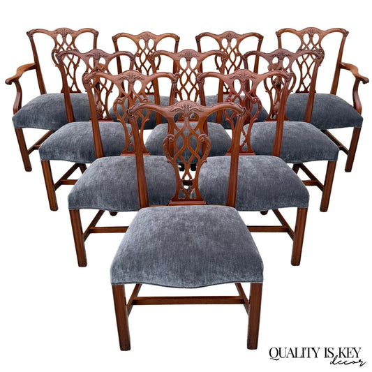 Antique Chippendale Style Mahogany Carved Fretwork Dining Chairs - Set of 10