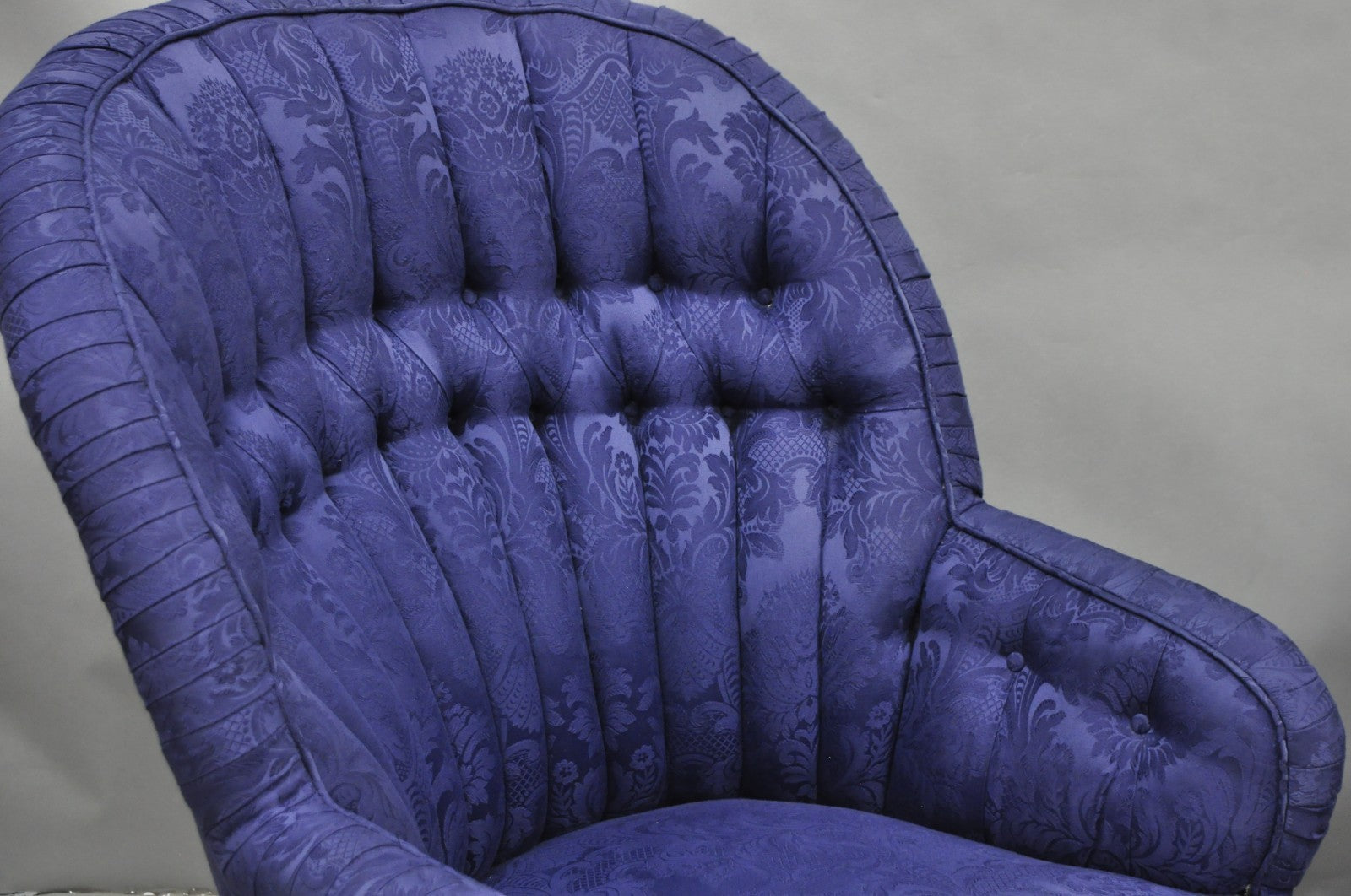 Vintage English Napoleon III Style Blue Button Tufted Fan Back Club Chairs, Pair