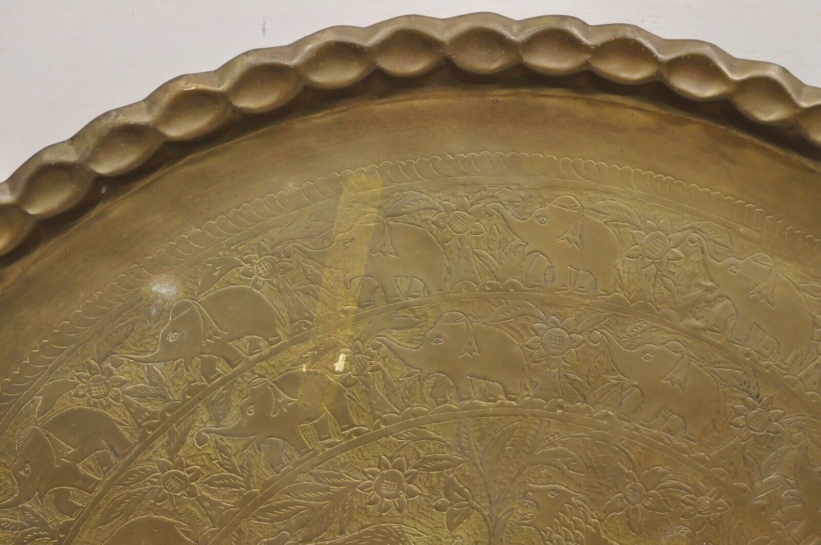 Vintage Moroccan Middle Eastern Large Brass Animal Engraved 46" Round Tray Top