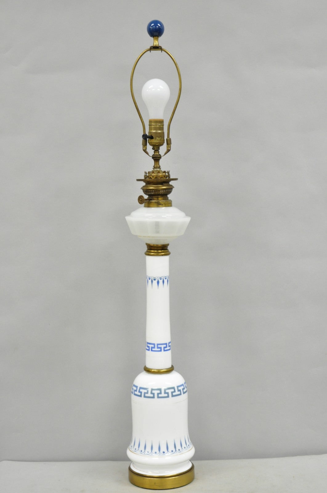 Vintage Italian Neoclassical White Milk Glass Column Blue Greek Key Table Lamp