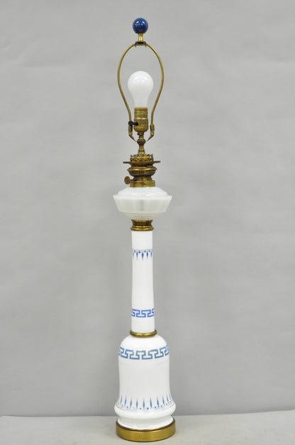 Vintage Italian Neoclassical White Milk Glass Column Blue Greek Key Table Lamp