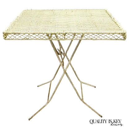 Vintage Victorian Style Wrought Iron Wicker Rattan Top Folding Card Game Table