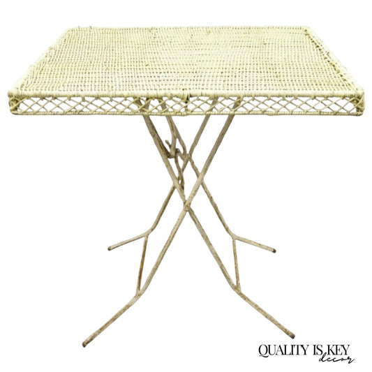 Vintage Victorian Style Wrought Iron Wicker Rattan Top Folding Card Game Table