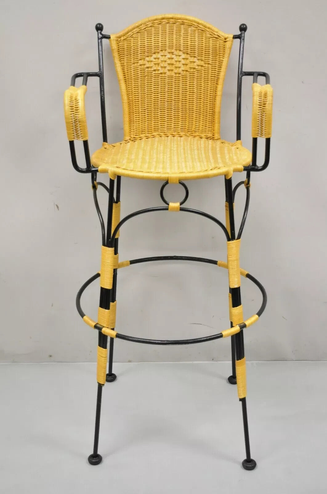 French Country Wrought Iron Woven Vinyl Rattan Bar Stools With Arms - Set of 4