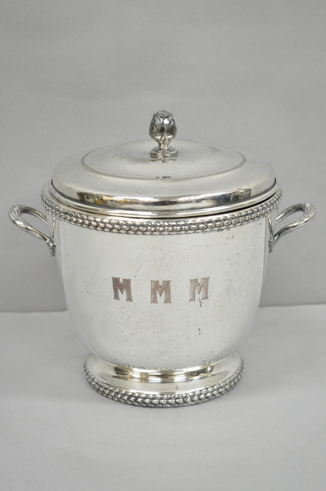 Vintage Art Deco Modern Silver Plated Lidded Bar Ice Bucket w/ "MMM" Monogram
