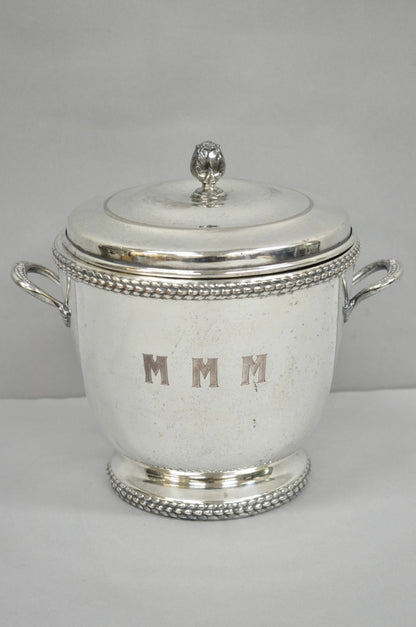 Vintage Art Deco Modern Silver Plated Lidded Bar Ice Bucket w/ "MMM" Monogram