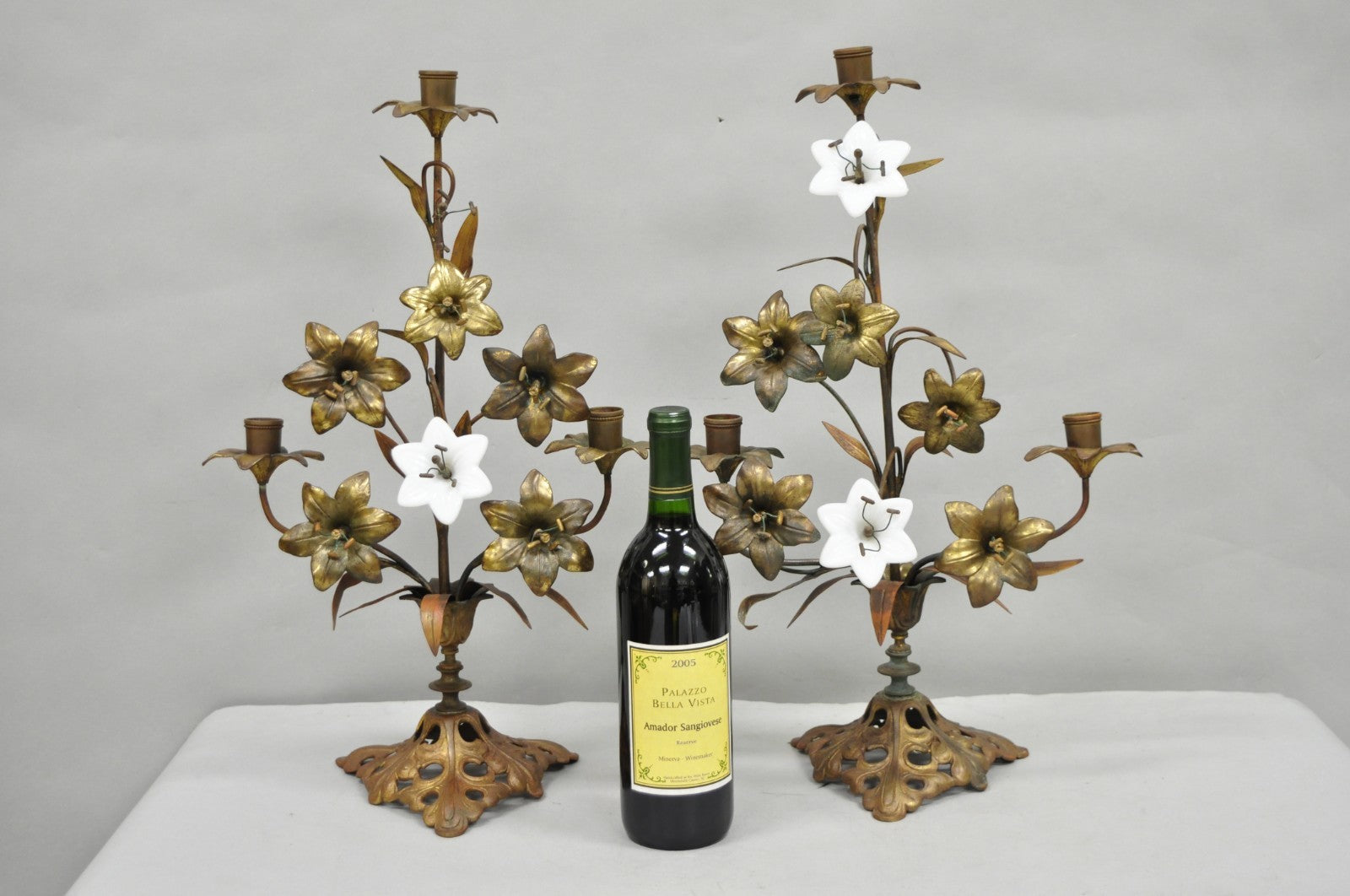 Antique French Baroque Gold Gilt Bronze Altar Church Candlestick Candelabra Pair