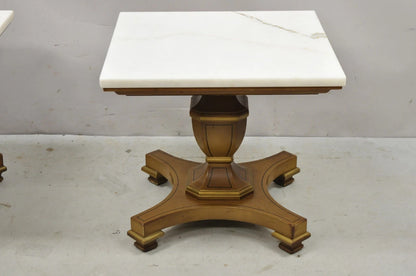 Vintage Empire Style Low Marble Top Pedestal Base Side Tables by Imperial - Pair