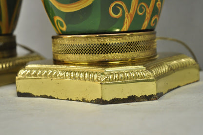 Hollywood Regency Green & Gold Scroll Painted Ceramic Table Lamps - a Pair